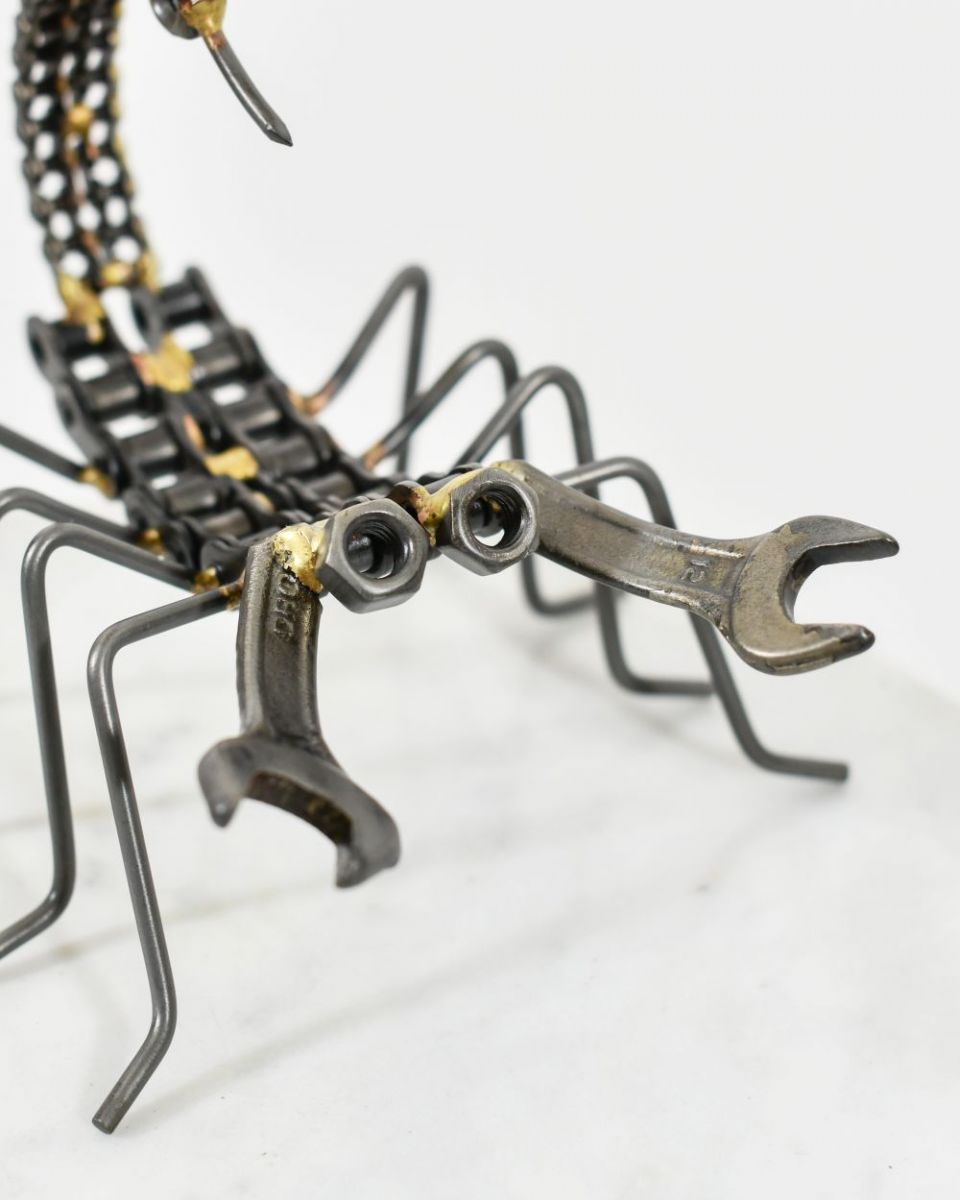 Close up of "Skorpios" The Scorpion Scrap Metal Sculpture eyes and pincers