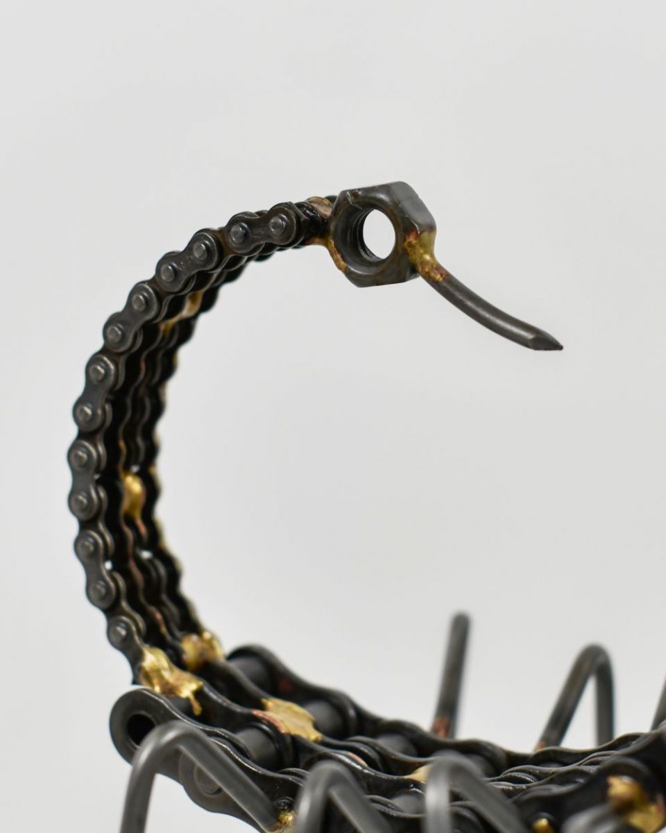 Close up of "Skorpios" The Scorpion Scrap Metal Sculpture tail