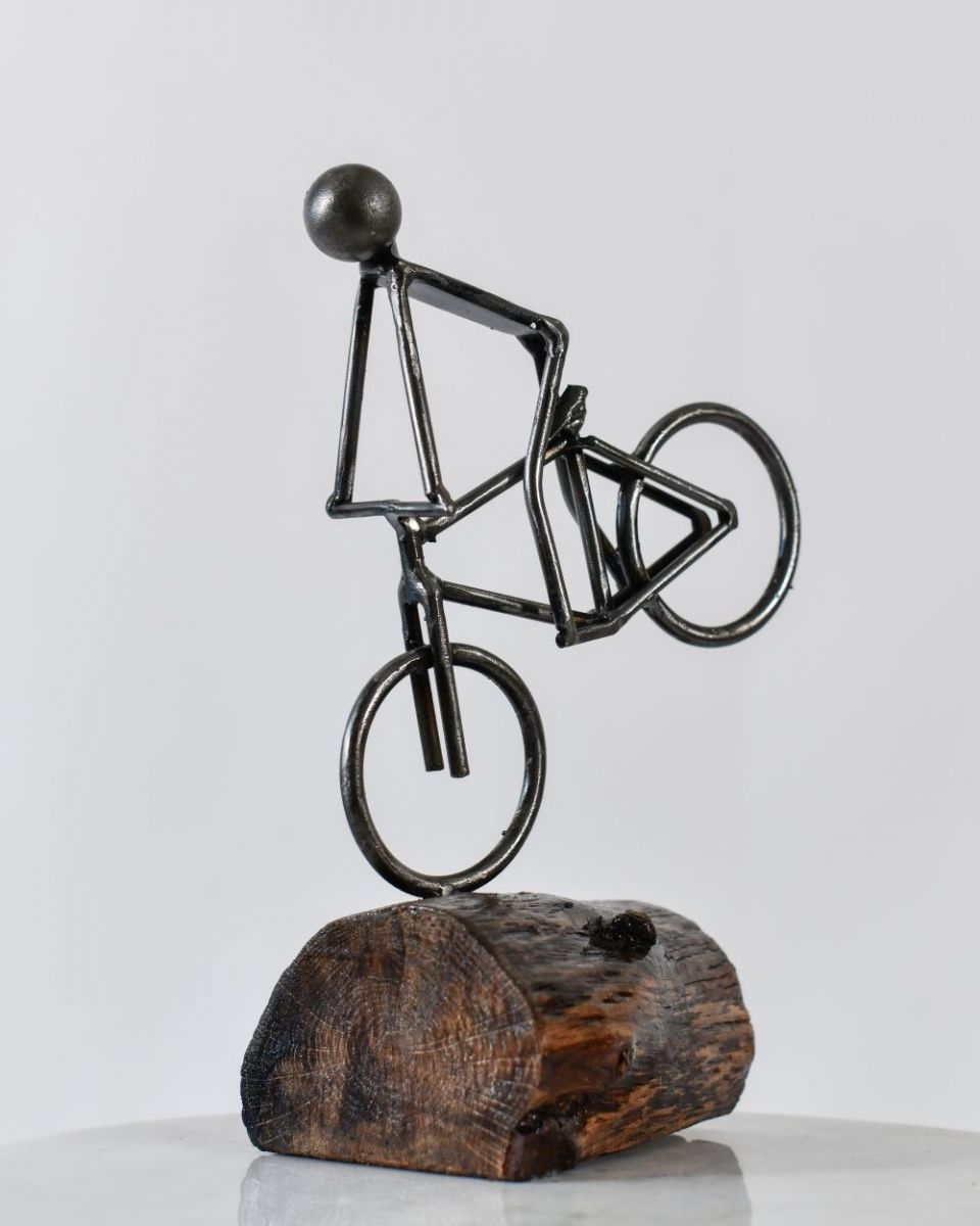 Cyclist Stoppie Recycled Metal Ornament front view Cyclist Stoppie Recycled Metal Ornament front view