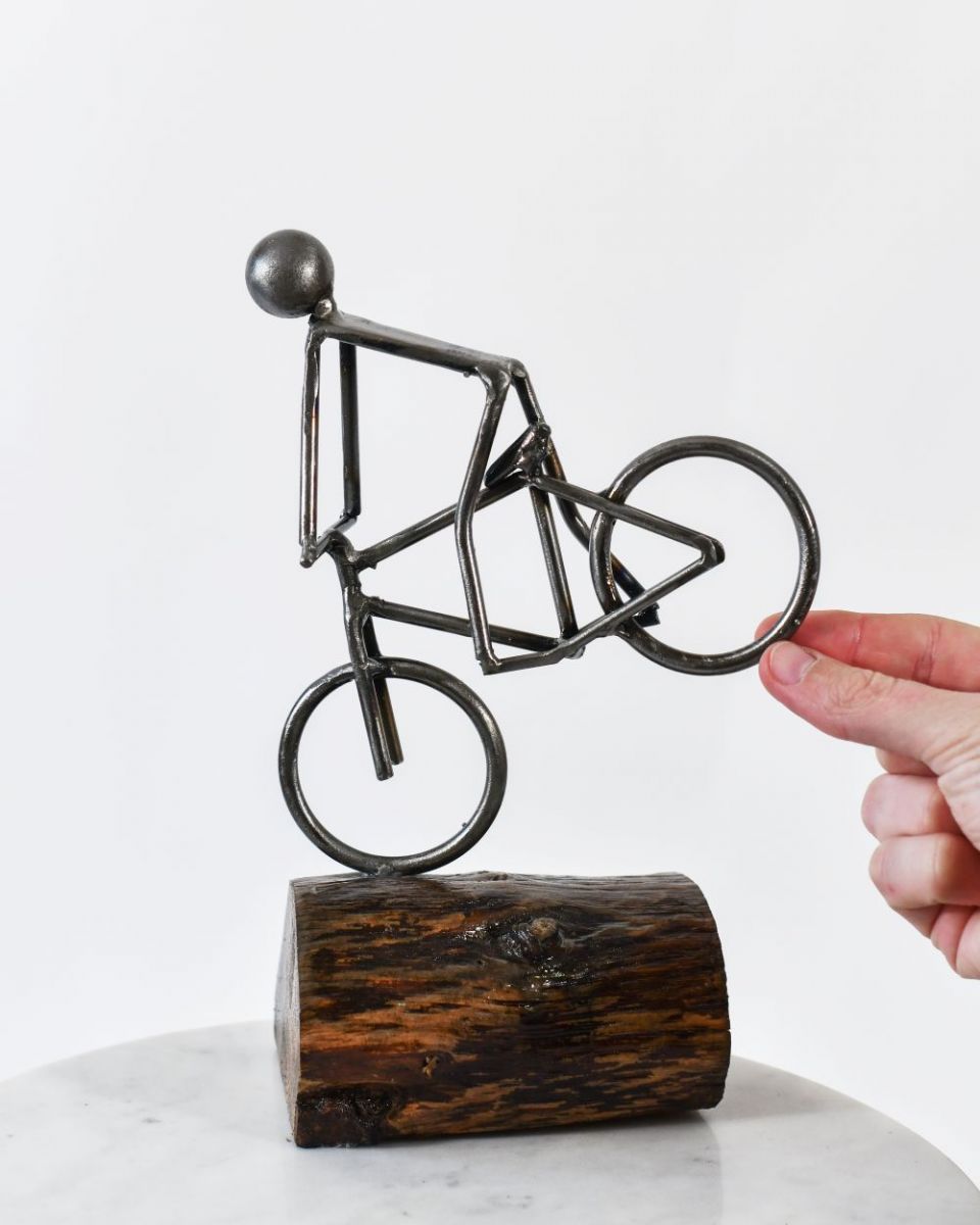 Scale image of Cyclist Stoppie Recycled Metal Ornament Scale image of Cyclist Stoppie Recycled Metal Ornament