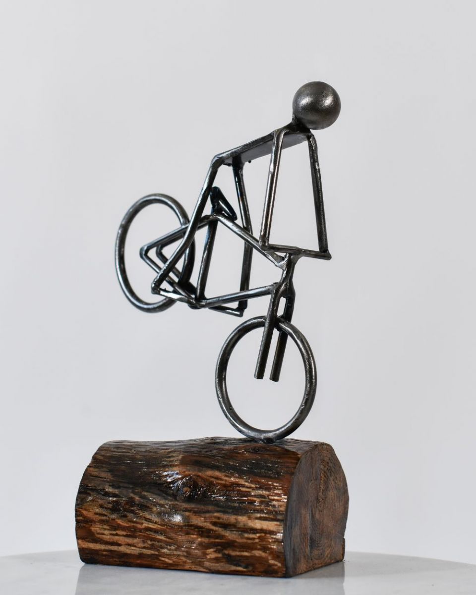 Cyclist Stoppie Recycled Metal Ornament Side View Cyclist Stoppie Recycled Metal Ornament Side View