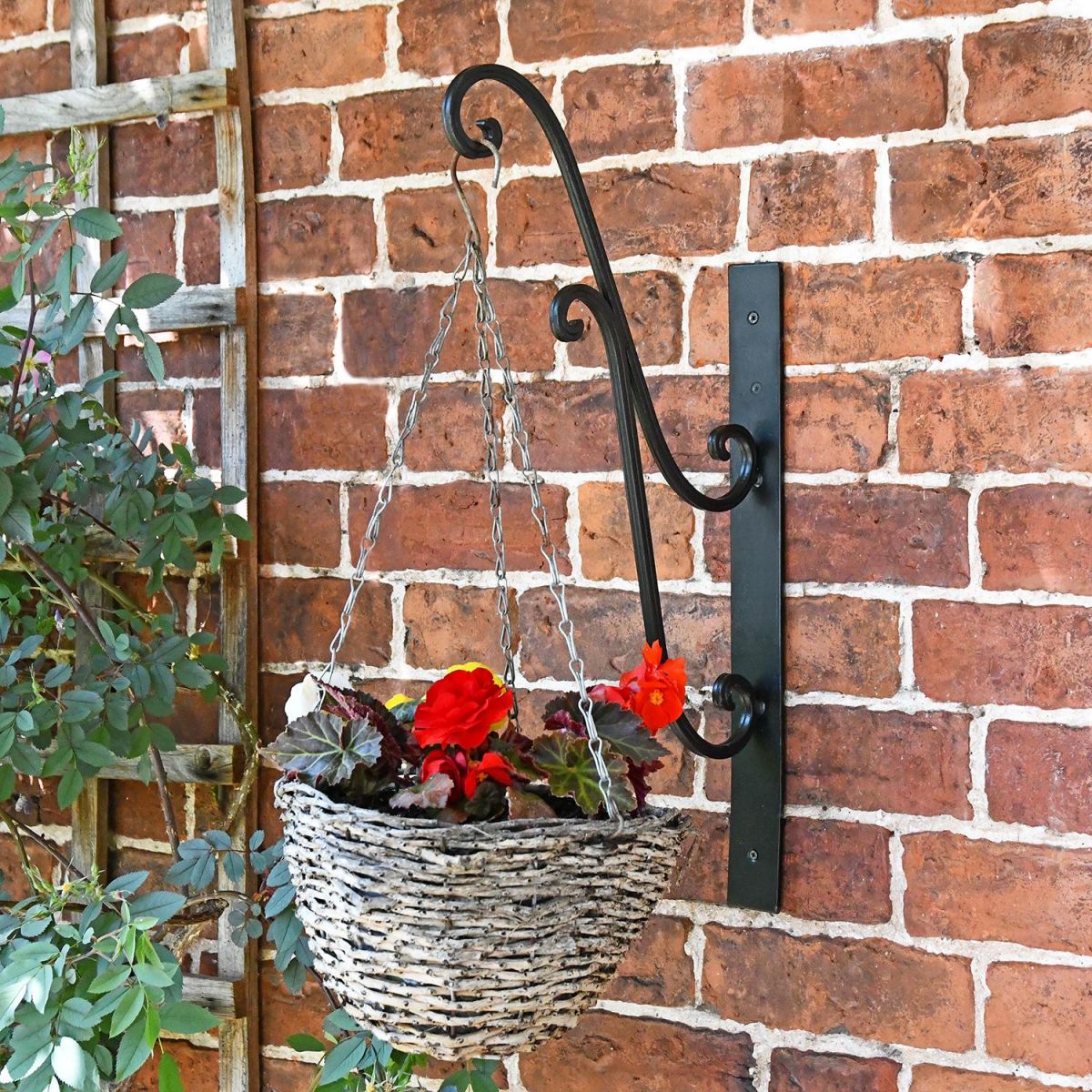 Black Scrolled Hanging Basket Bracket Holding a Flower Basket in the Garden