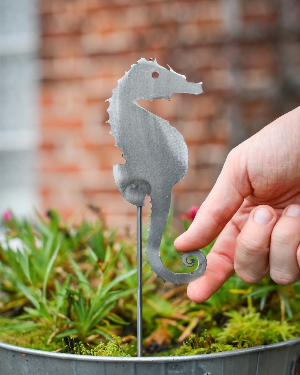 Seahorse Artistic Plant Pot Spike - Set of Two with hand in shot for scale