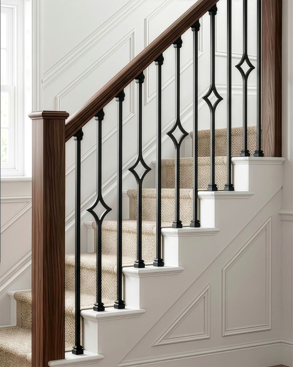 Set of 2 Matte Black "Diamante" and "Enfield" Steel Stair Spindles digital illustration