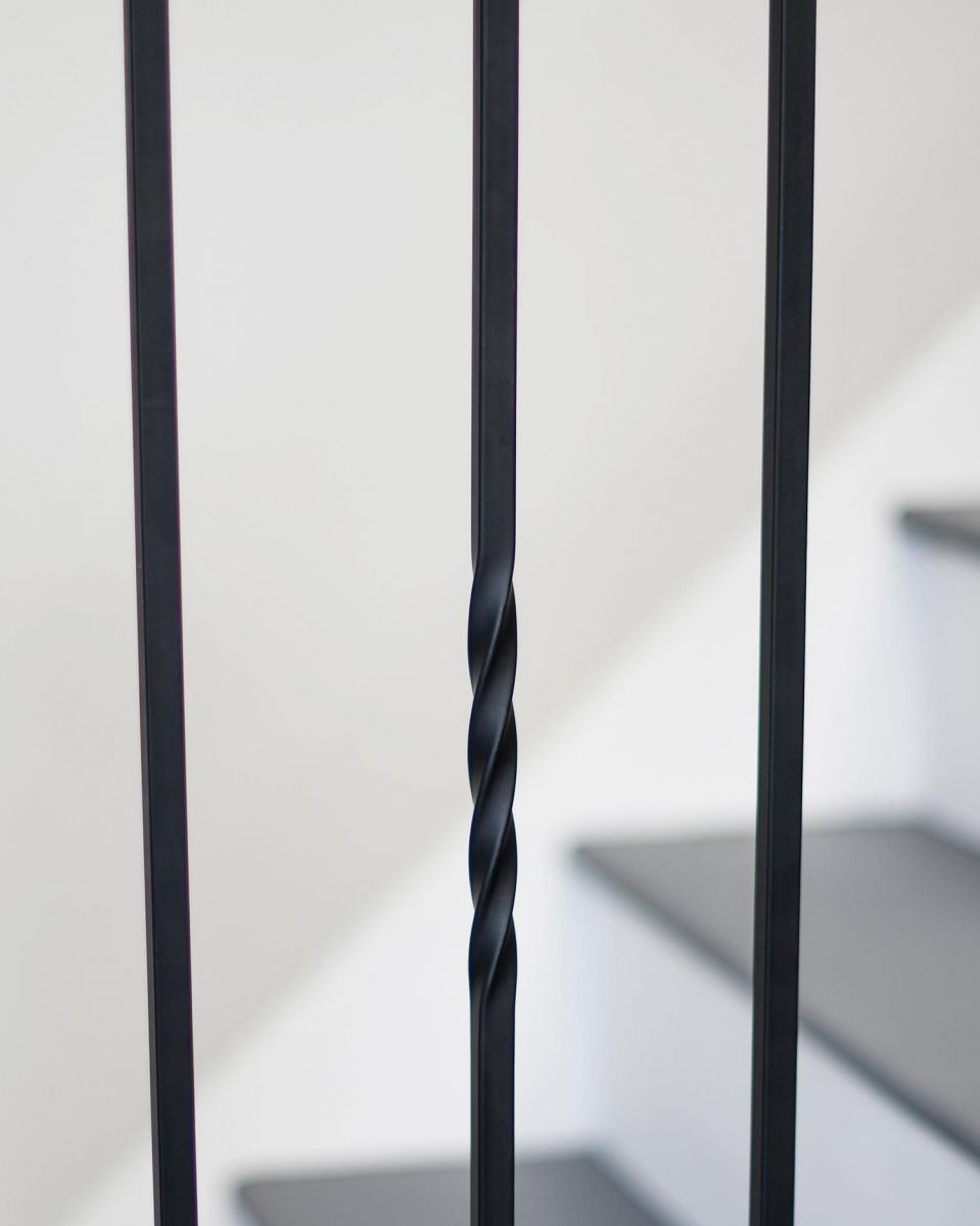 Close-Up of Set of 2 Matte Black "Enfield" Stair Spindles - Pattern 1 - Spindle ONLY - No Brackets