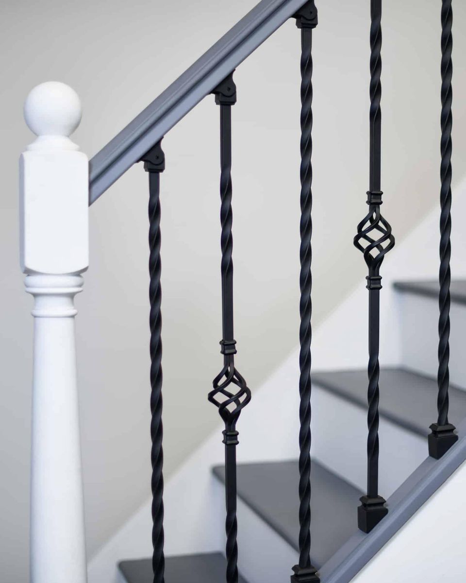 Set of 2 Matte Black "Enfield" Steel Stair Spindles - Pattern 13 in Setting