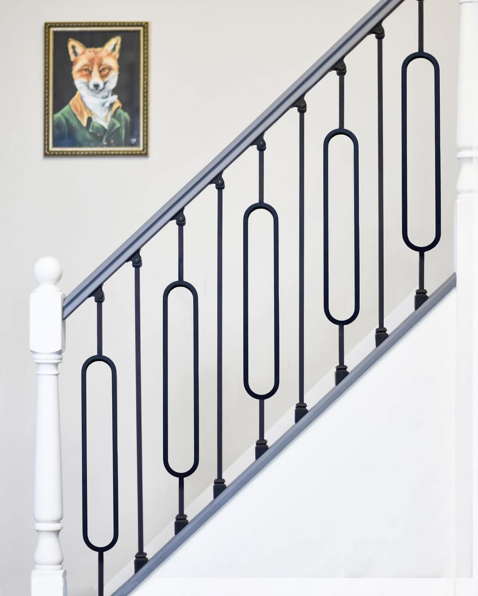 Set of 2 Matte Black "Enfield" Steel Stair Spindles - Pattern 16 in Situ