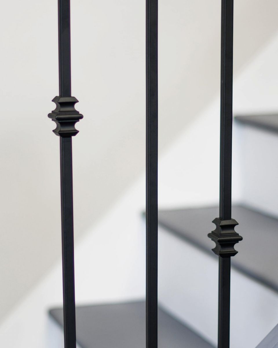 Close-Up of Set of 2 Matte Black "Enfield" Steel Stair Spindles - Pattern 3 - Spindle ONLY - No Brackets Close-Up of Set of 2 Matte Black "Enfield" Steel Stair Spindles - Pattern 3 - Spindle ONLY - No Brackets