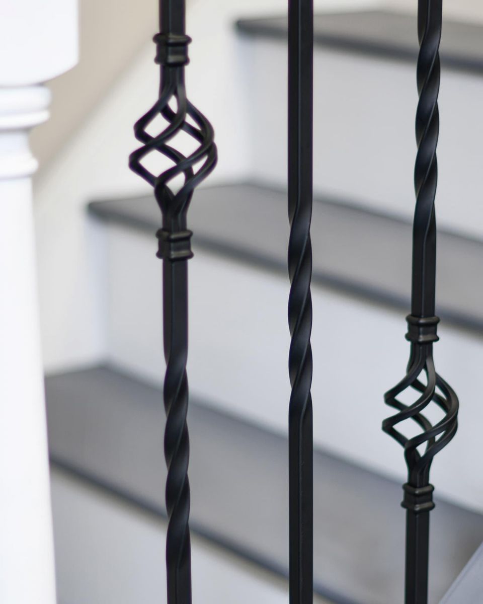 Close-Up of Set of 2 Matte Black "Enfield" Steel Stair Spindles - Pattern 7 - Spindle ONLY - No Brackets