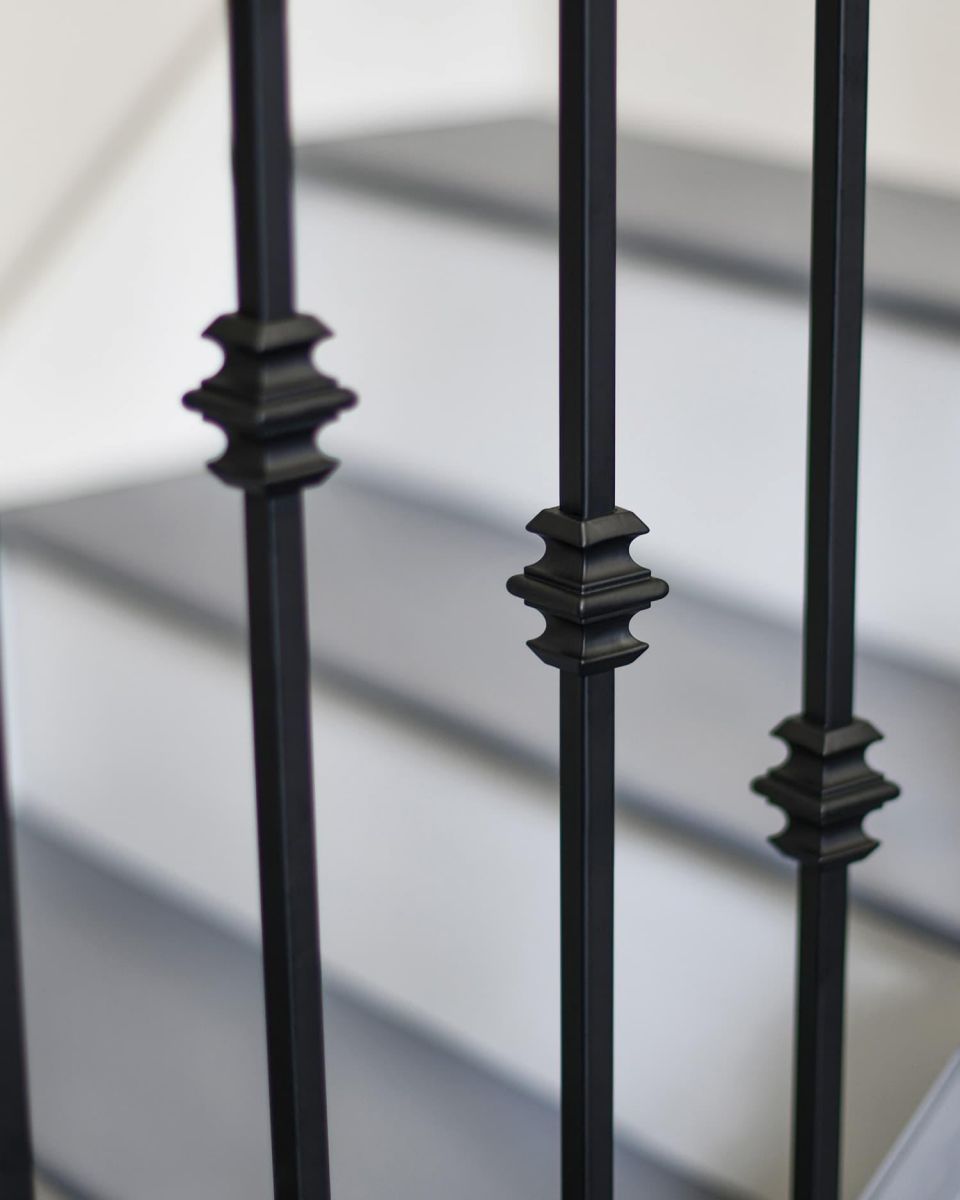 Close-Up of Set of 2 Matte Black "Enfield" Steel Stair Spindles - Pattern 9 - Spindle ONLY - No Brackets