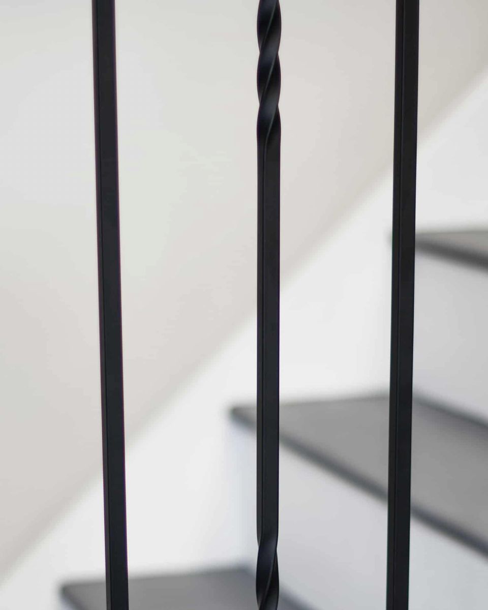 Close-Up of Set of 2 Matte Black "Enfield" Straight & Double Twist Stair Spindles - Pattern 2 - Spindle ONLY - No Brackets