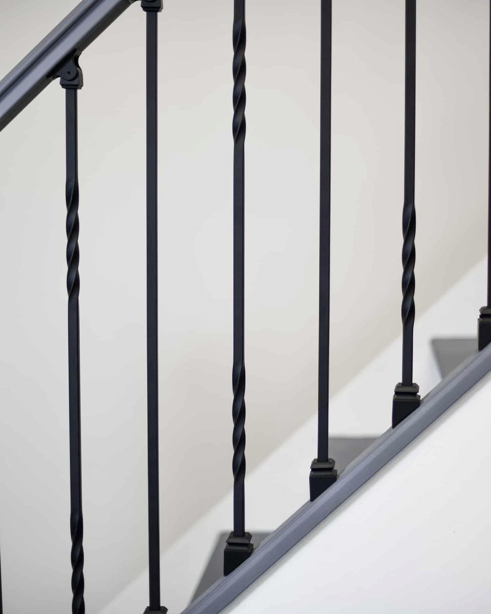 Close-Up of Set of 2 Matte Black "Enfield" Straight & Double Twist Stair Spindles - Pattern 2