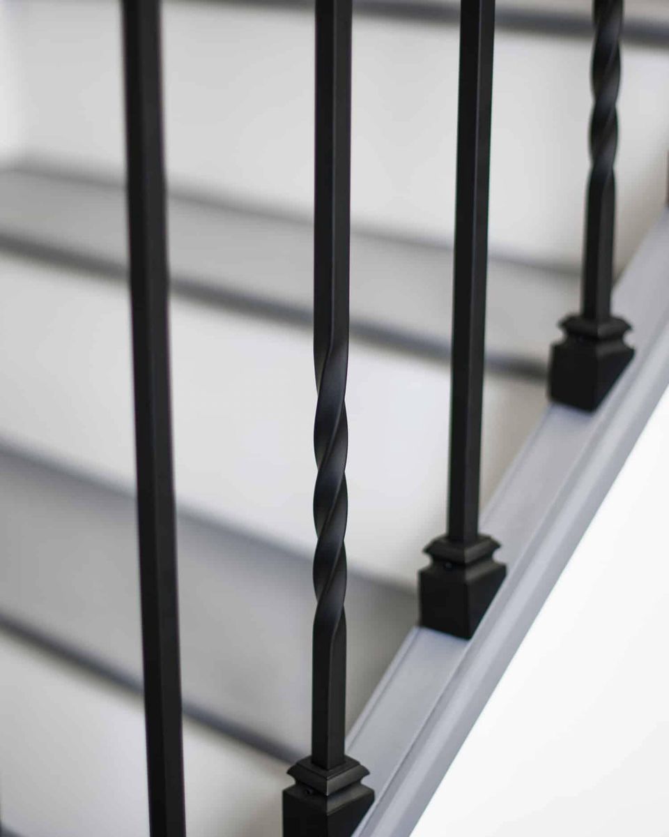 Set of 2 Matte Black "Enfield" Straight & Double Twist Stair Spindles - Pattern 2 with Fixed Rake Brackets