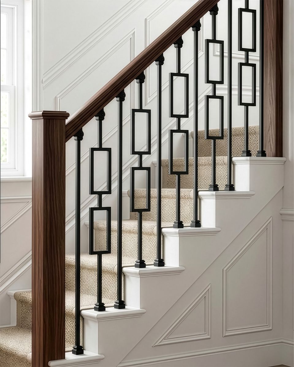 Set of 2 Matte Black "Opulenza" and "Enfield" Steel Stair Spindles digital illustration copy