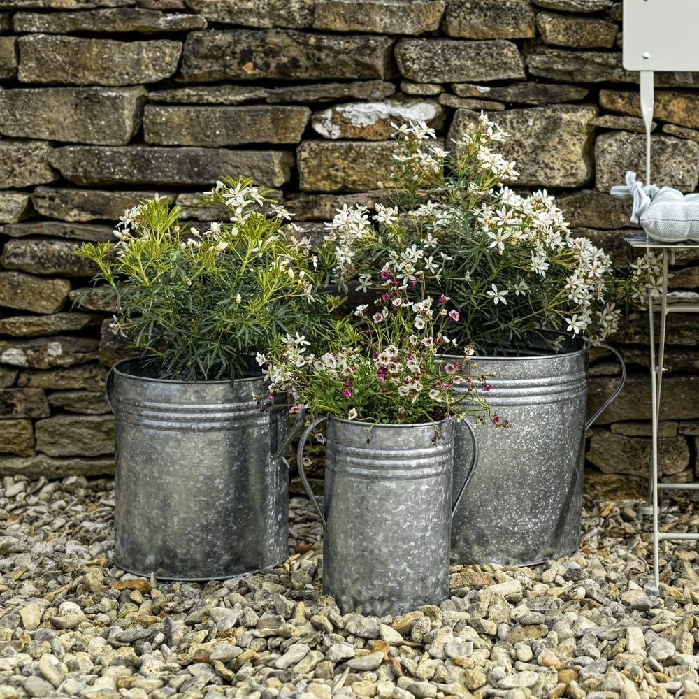 Set of 3 Traditional Galvanised Steel Planter Pots in Situ