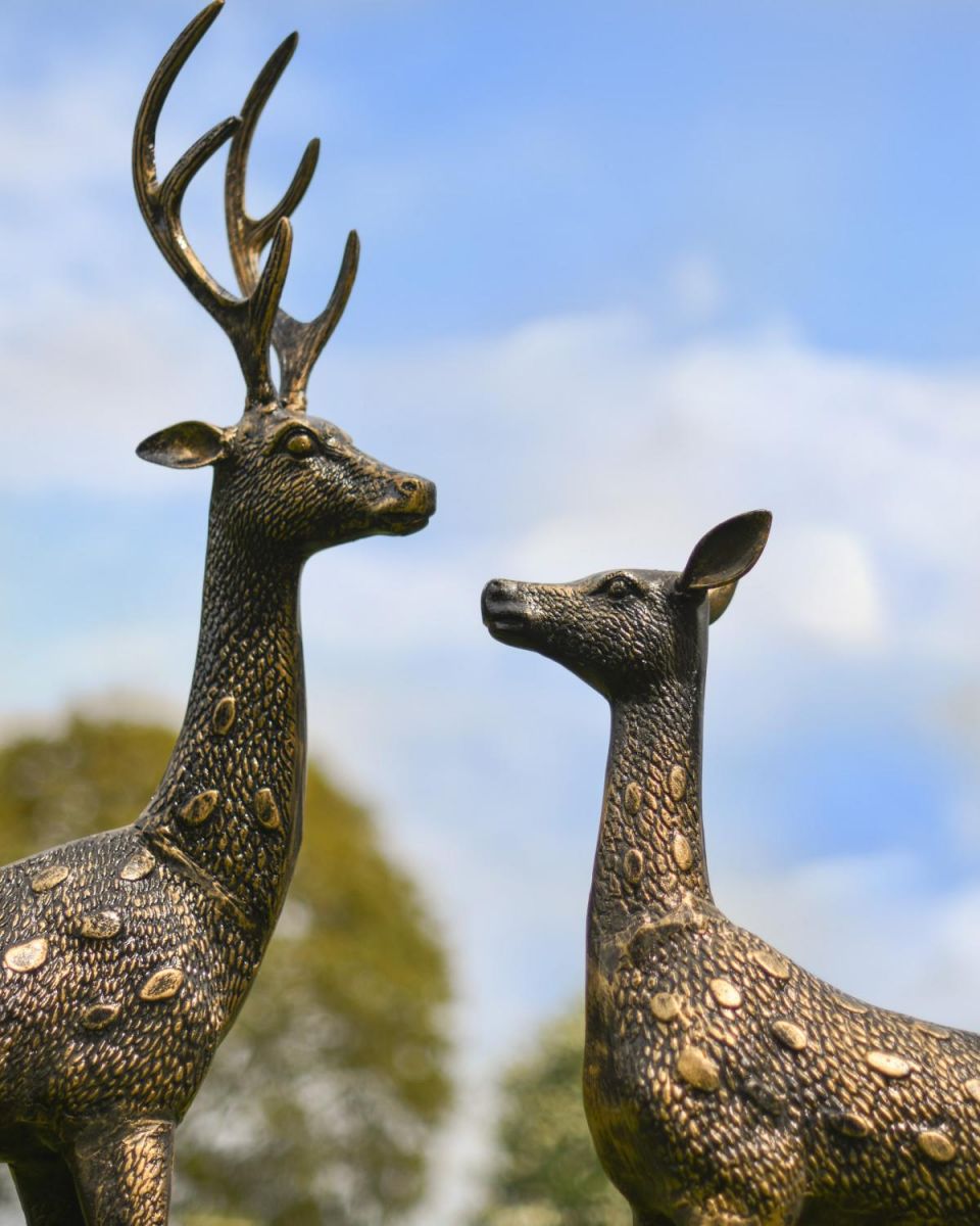 Close-Up of Set of Two - Cast Aluminium "Chiral" Freestanding Spotted Deer & Doe Garden Sculpture Set