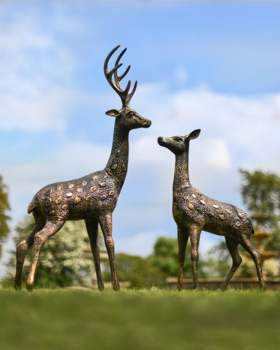 Set of Two - Cast Aluminium "Chiral" Freestanding Spotted Deer & Doe Garden Sculpture Set in Situ