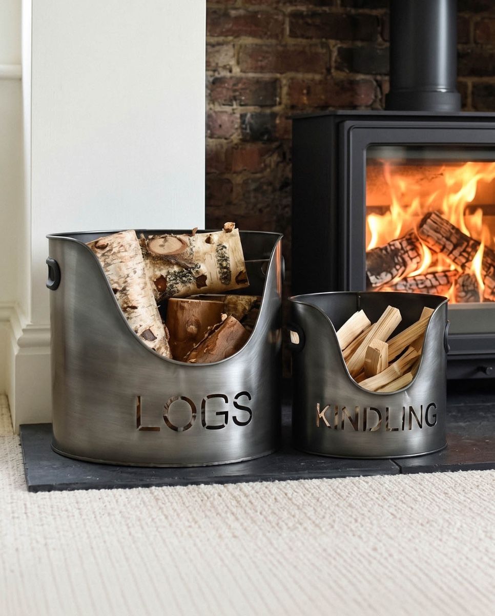 Set of Two "LOGS" and "KINDLING" buckets - Antique Brushed Silver Digital Illustration