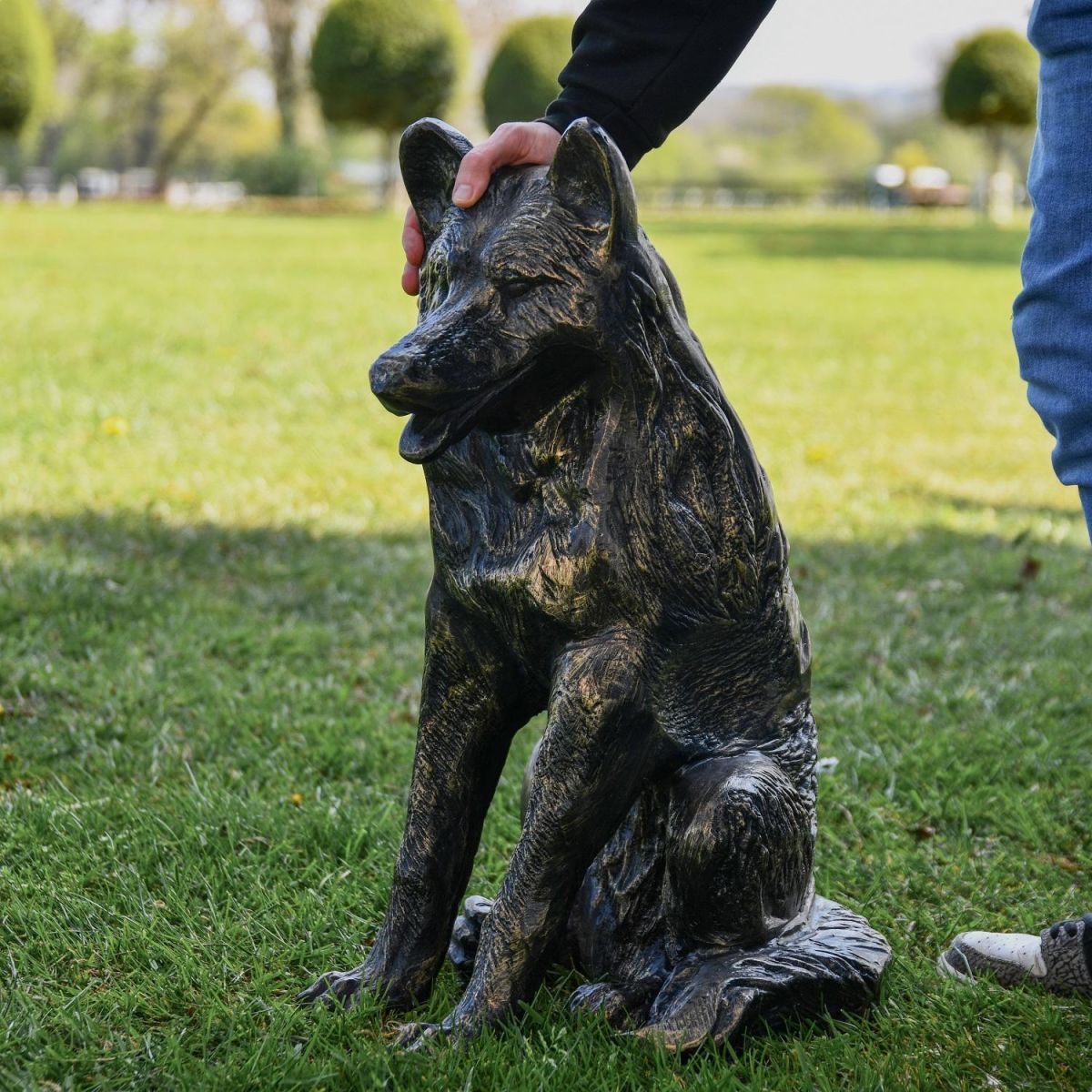 Sitting Fox Garden Sculpture with Male for scale 