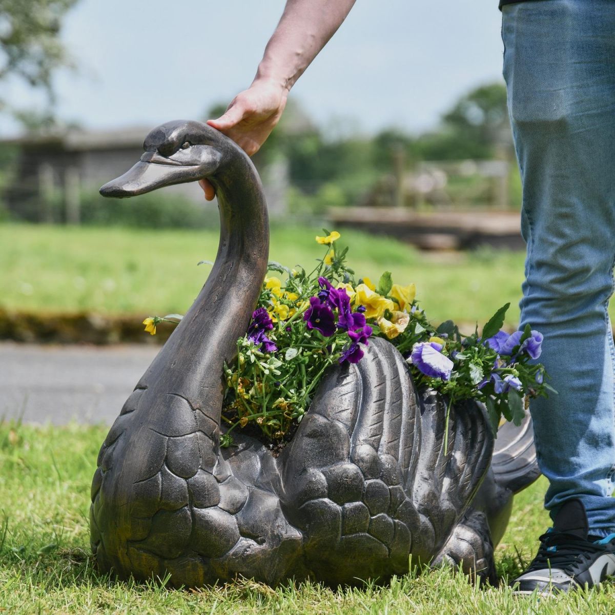 Antique Bronze Swan Flower Planter with Male for Scale 