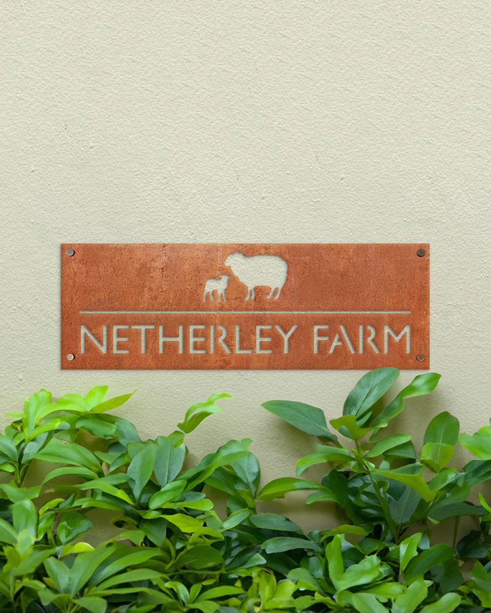 Sheep & Lamb Design House Name Sign in a Rustic Steel Finish