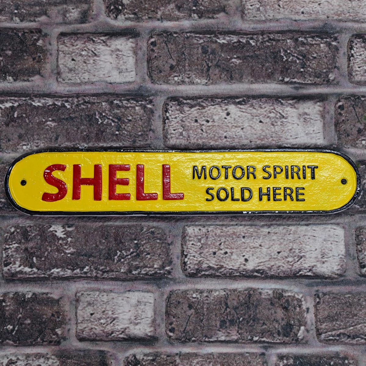"Shell Motor Spirit" Cast Aluminium Wall Sign in Situ on a Brick Wall