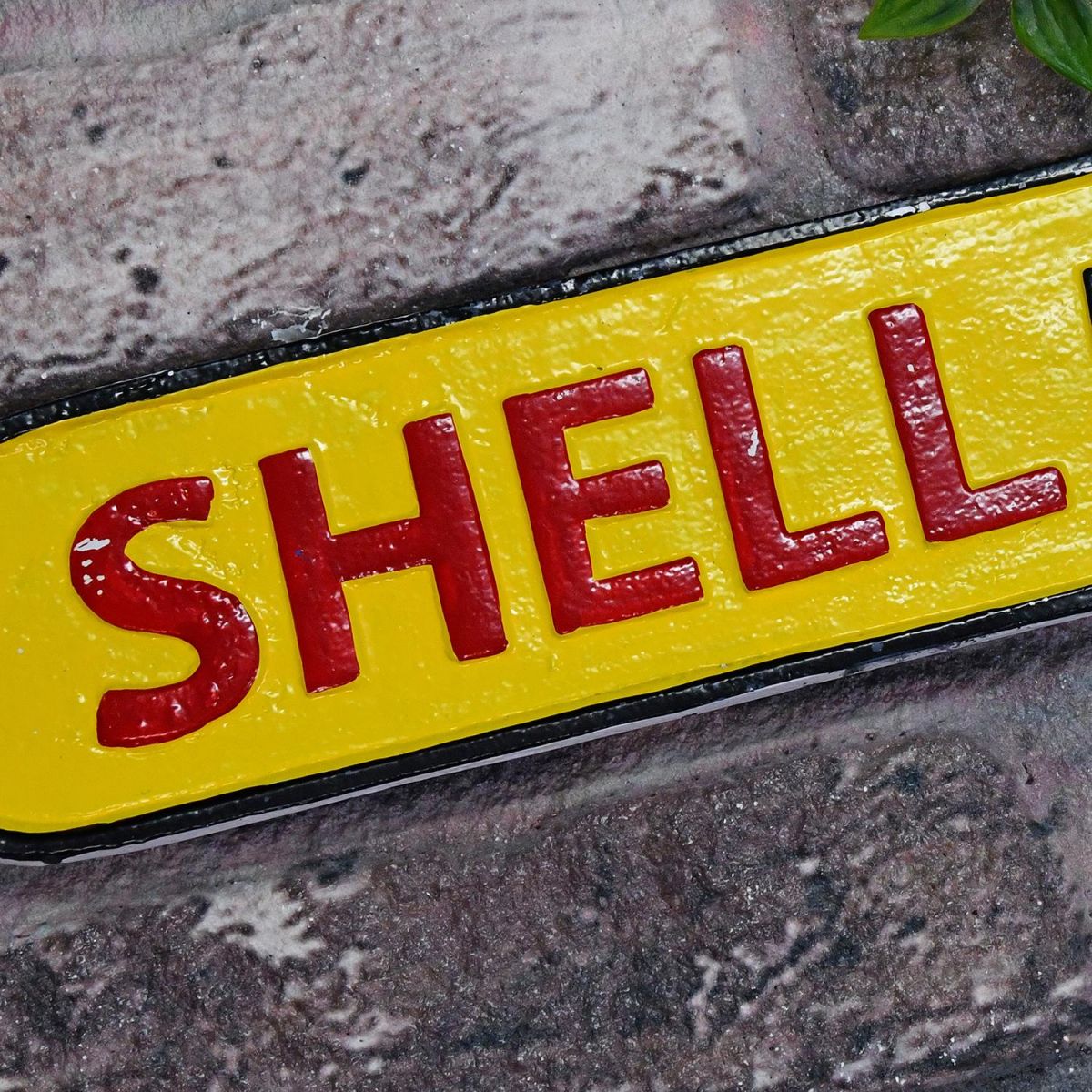 Close-up of the Hand Painted Finish on the "Shell Motor Spirit" Cast Aluminium Wall Sign