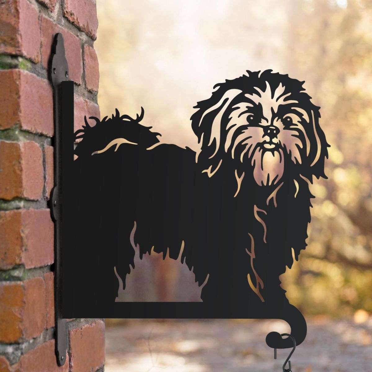 Shih Tzu hanging basket bracket in the woods