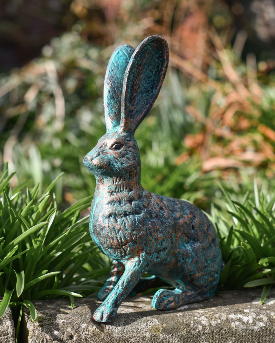 Side Of The Verdigris Sitting Rabbit Garden Sculpture Crafted From Aluminium