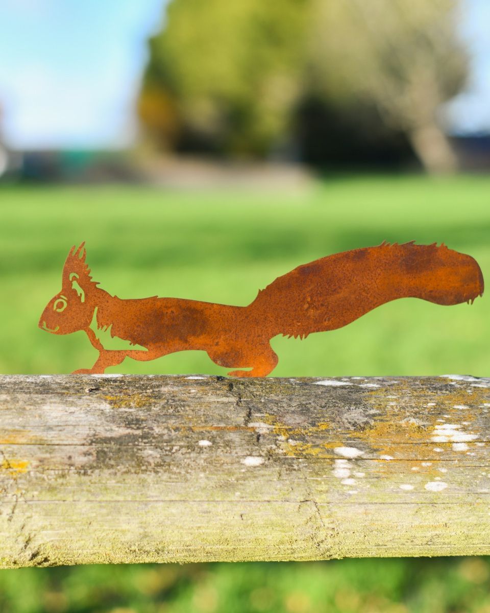 Squirrel Silhouette Fence Topper Designs - Set of Three side on Squirrel insitu