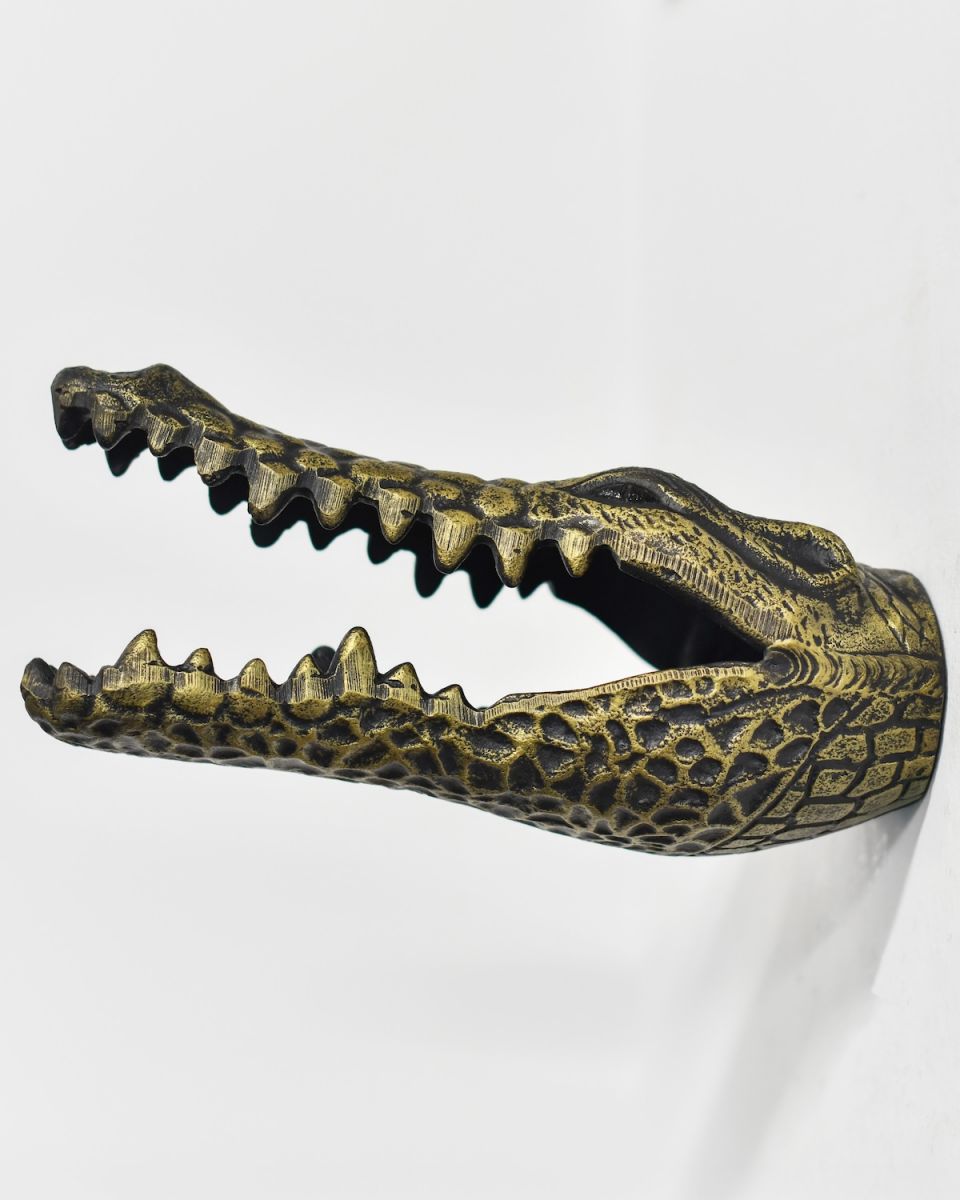 Angled view of Black & Gold Crocodile Wall Bust