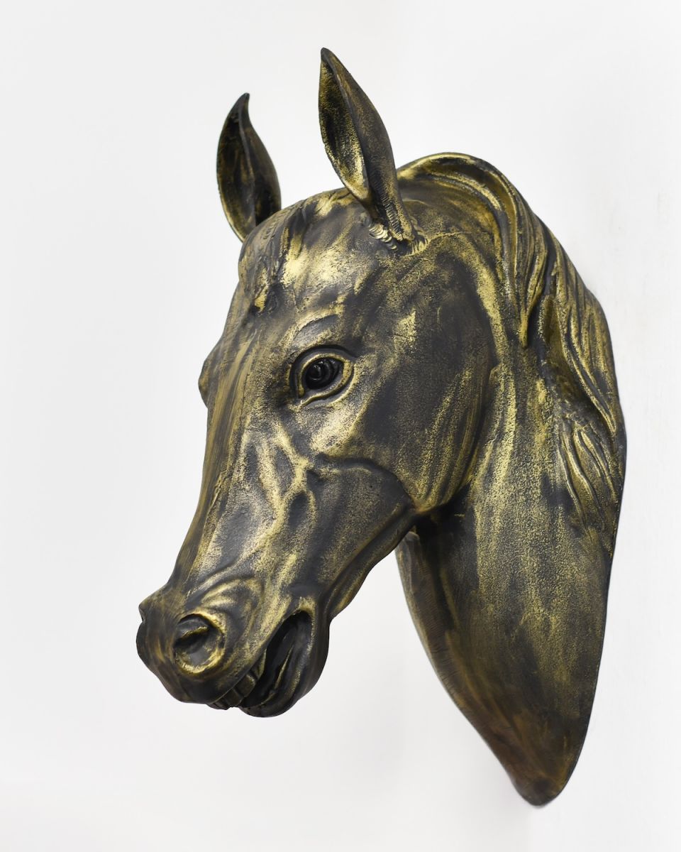 angled view of Black & Gold Horse Wall Bust
