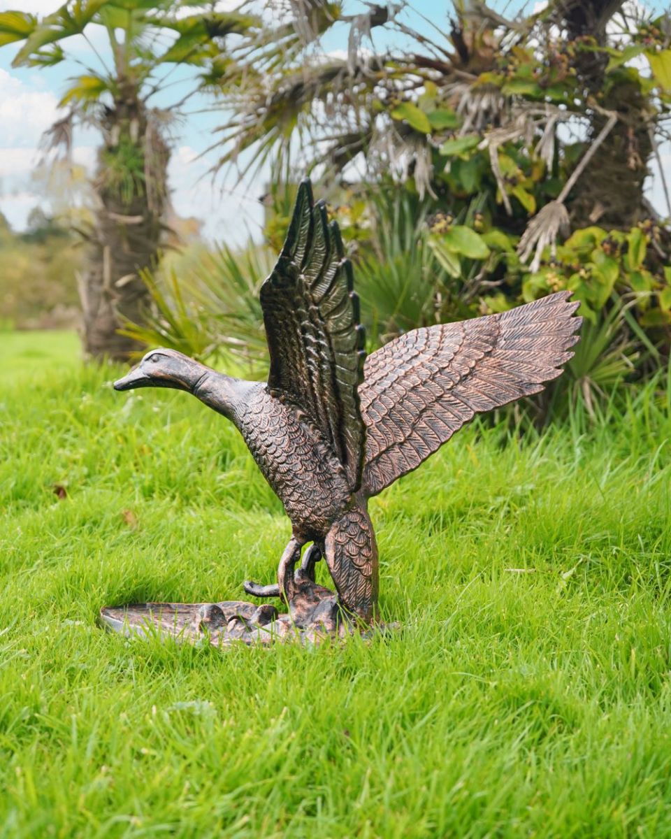 Side view of Bronze Volans Flying Duck Sculpture 
