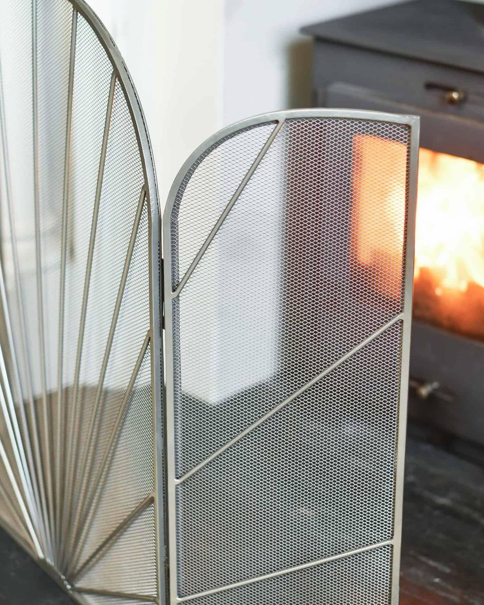 Close-Up of Silver "Art Deco" Three-Fold Fireguard Close-Up of Silver "Art Deco" Three-Fold Fireguard