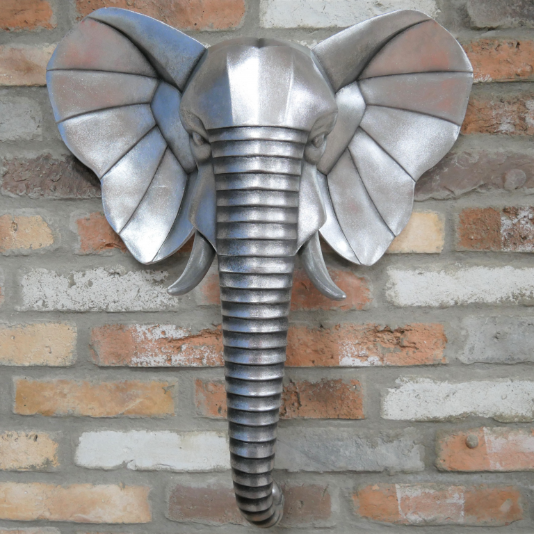 Silver Elephant Head Wall Art in Situ on a Brick Wall Silver Elephant Head Wall Art in Situ on a Brick Wall