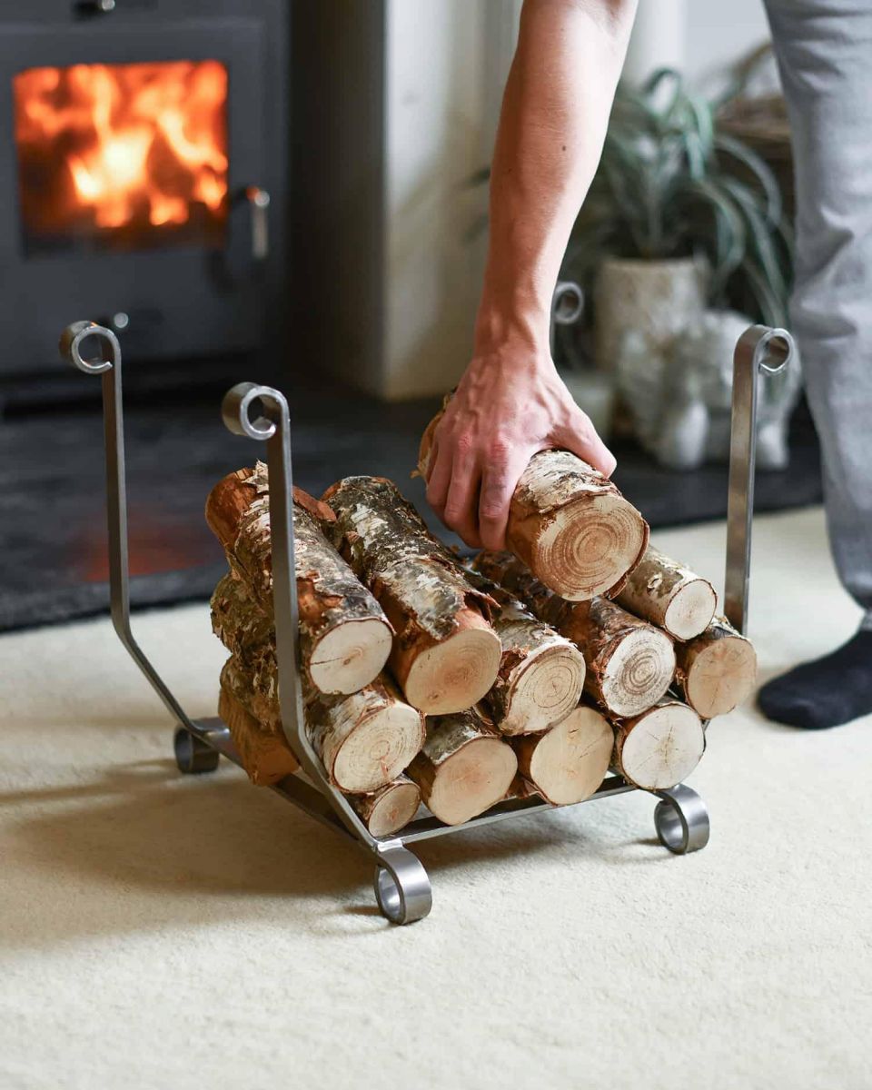Scale Shot of Simplistic Antique Pewter Finish Log Holder