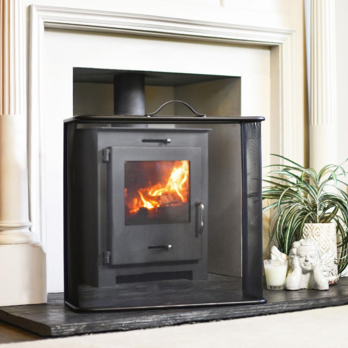 Simplistic Enclosed "Inclusum" Fire Guard In A Fireplace Setting