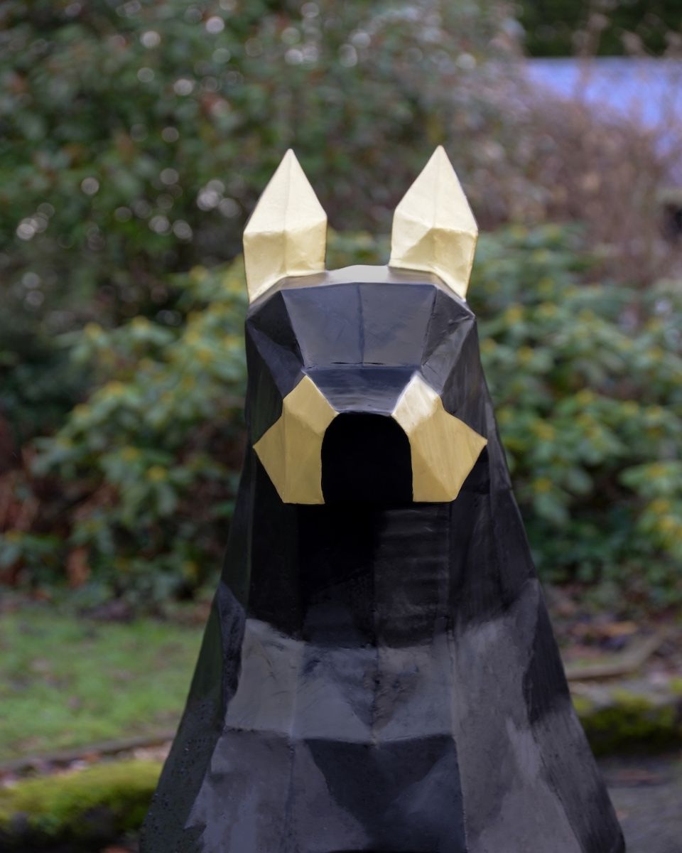 ‘Duke’ the Sitting Doberman Upcycled Oil Drum Garden Sculpture close up of face of dog sculpture