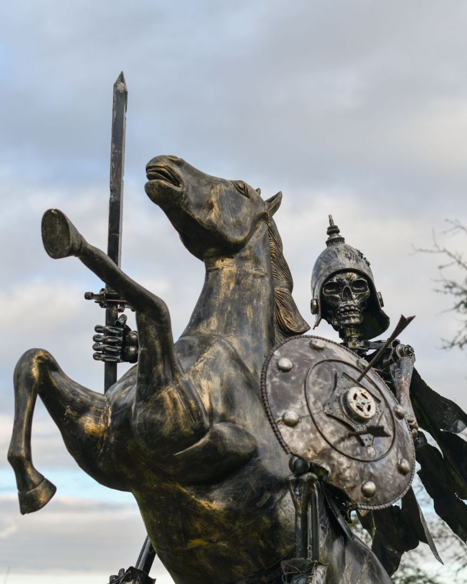 Close up of Skeleton Warrior Cavalry Recycled Metal Sculpture horse