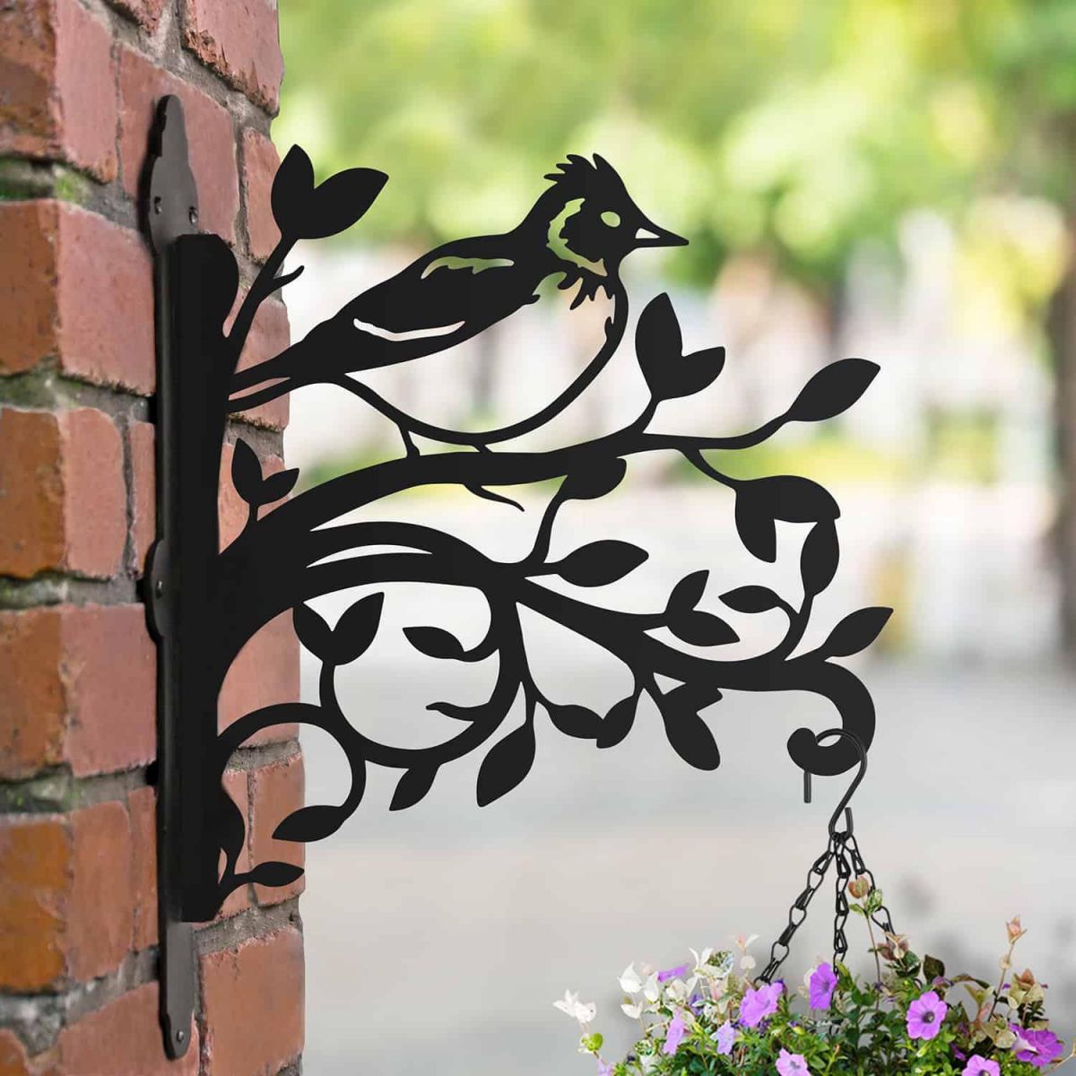 Steel Hanging Basket Bracket with Skylark on Branches Topper