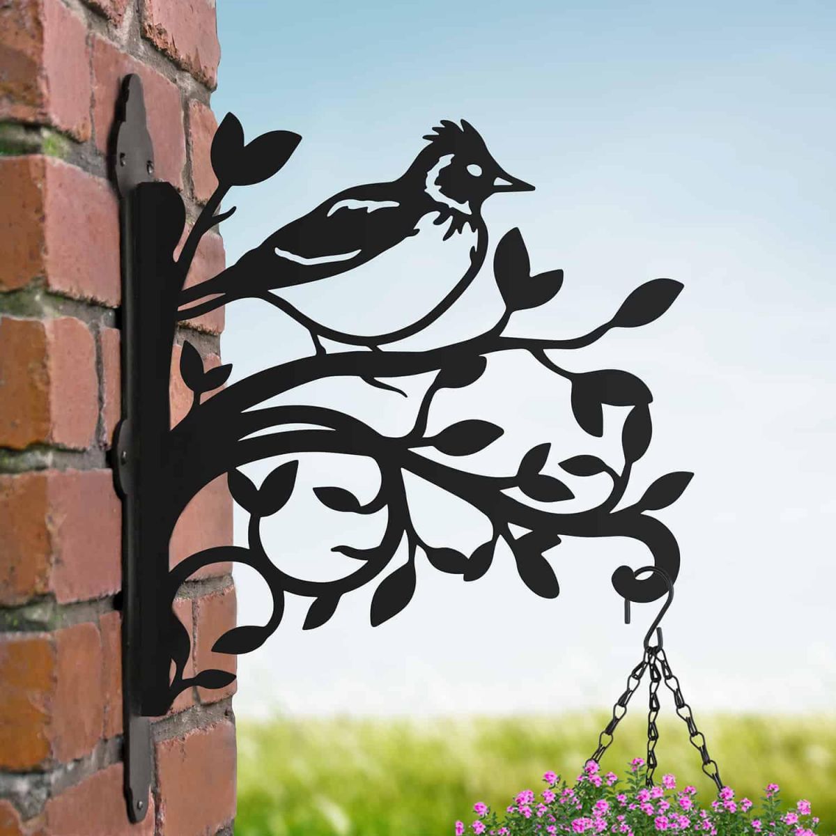 Skylark on Branches Steel Hanging Basket Bracket in Situ