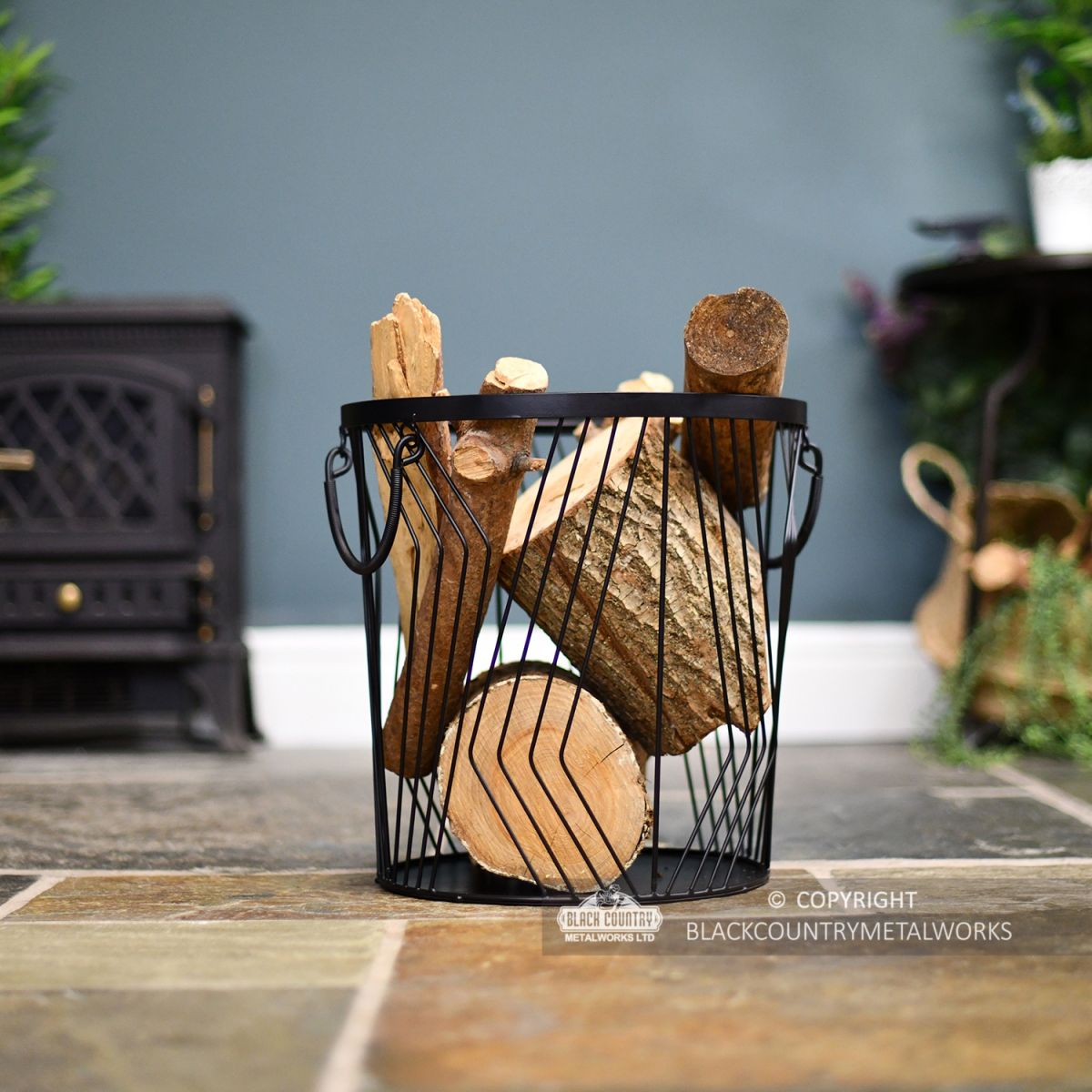 Small Art Deco Wire Log Basket in Situ Next to the Fire Place Small Art Deco Wire Log Basket in Situ Next to the Fire Place