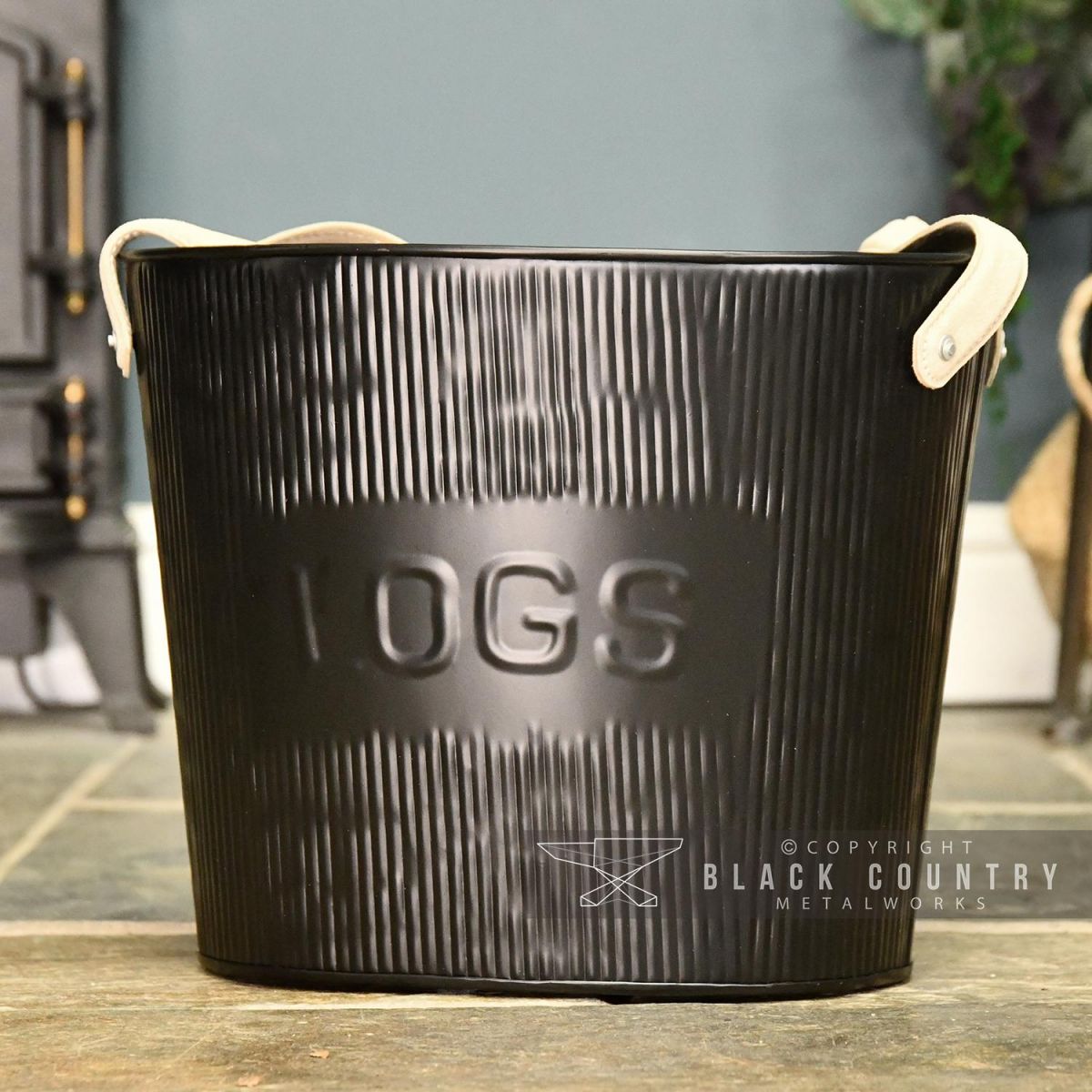 Small Black Log Basket with Suede Carry Handles