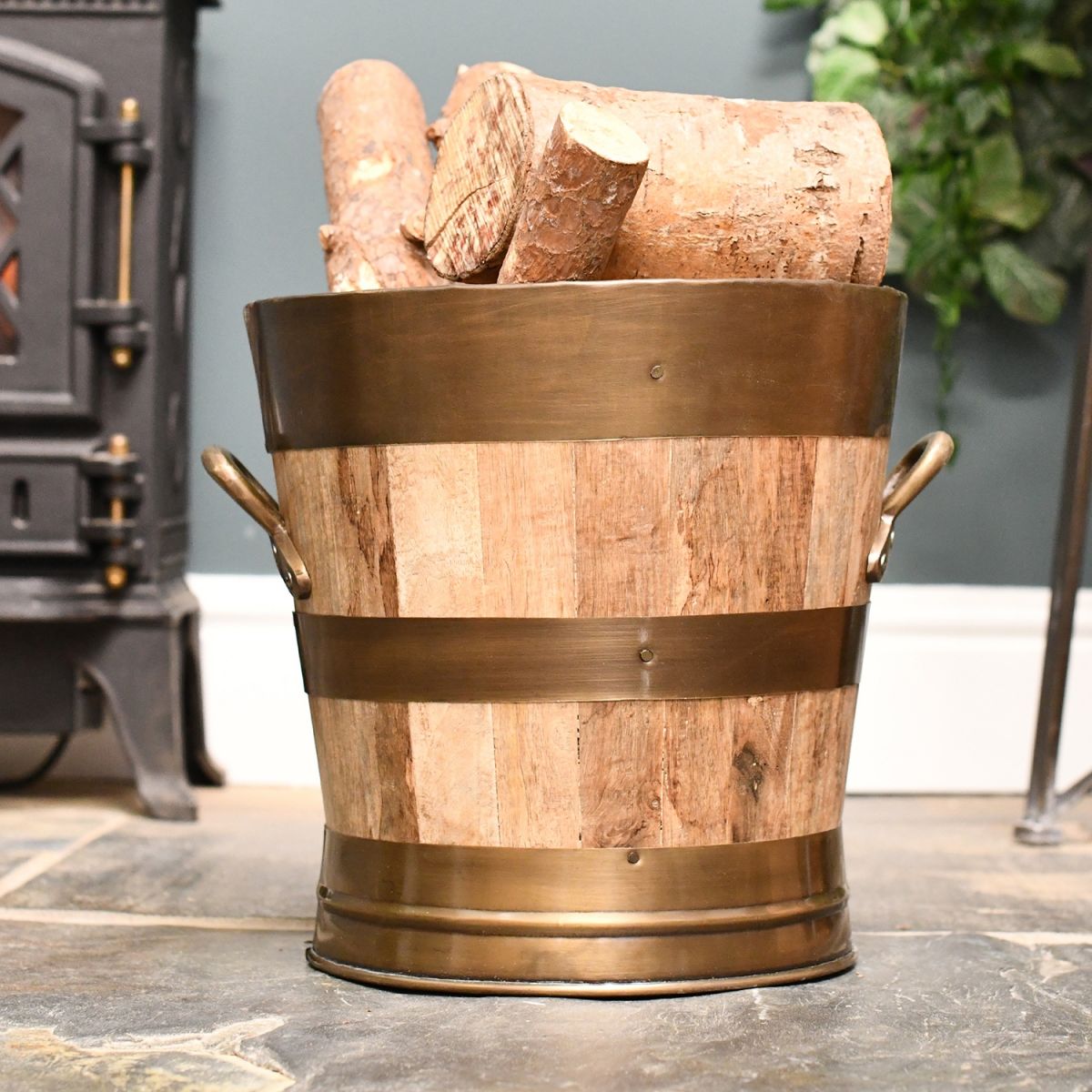 Wooden Barrel Log Bucket With Bronze Rims