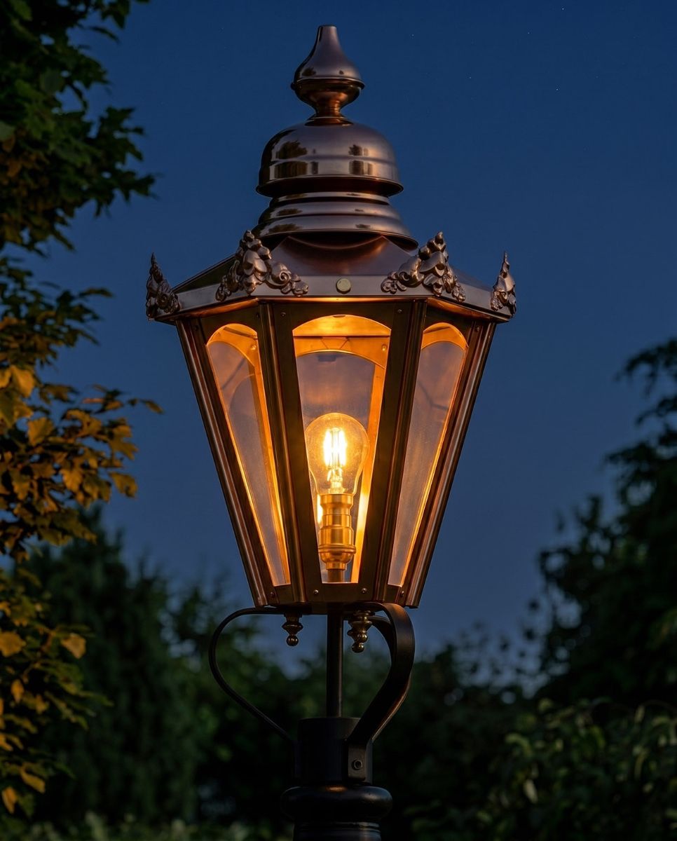 Small Copper Hexagonal Victorian Lamp Post Top Digital Illustration At Night