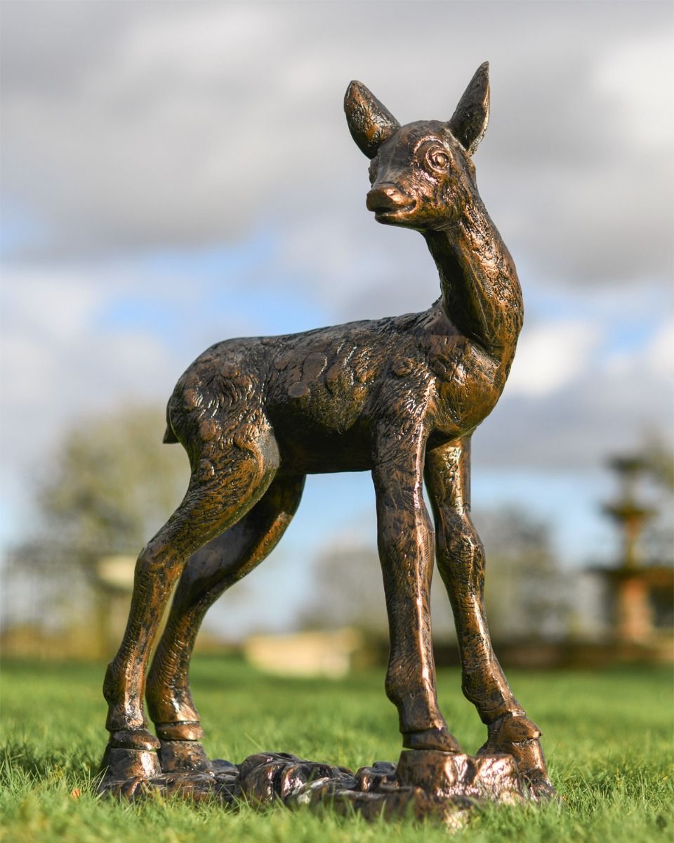 "Hazel" Fawn On Base Garden Sculpture