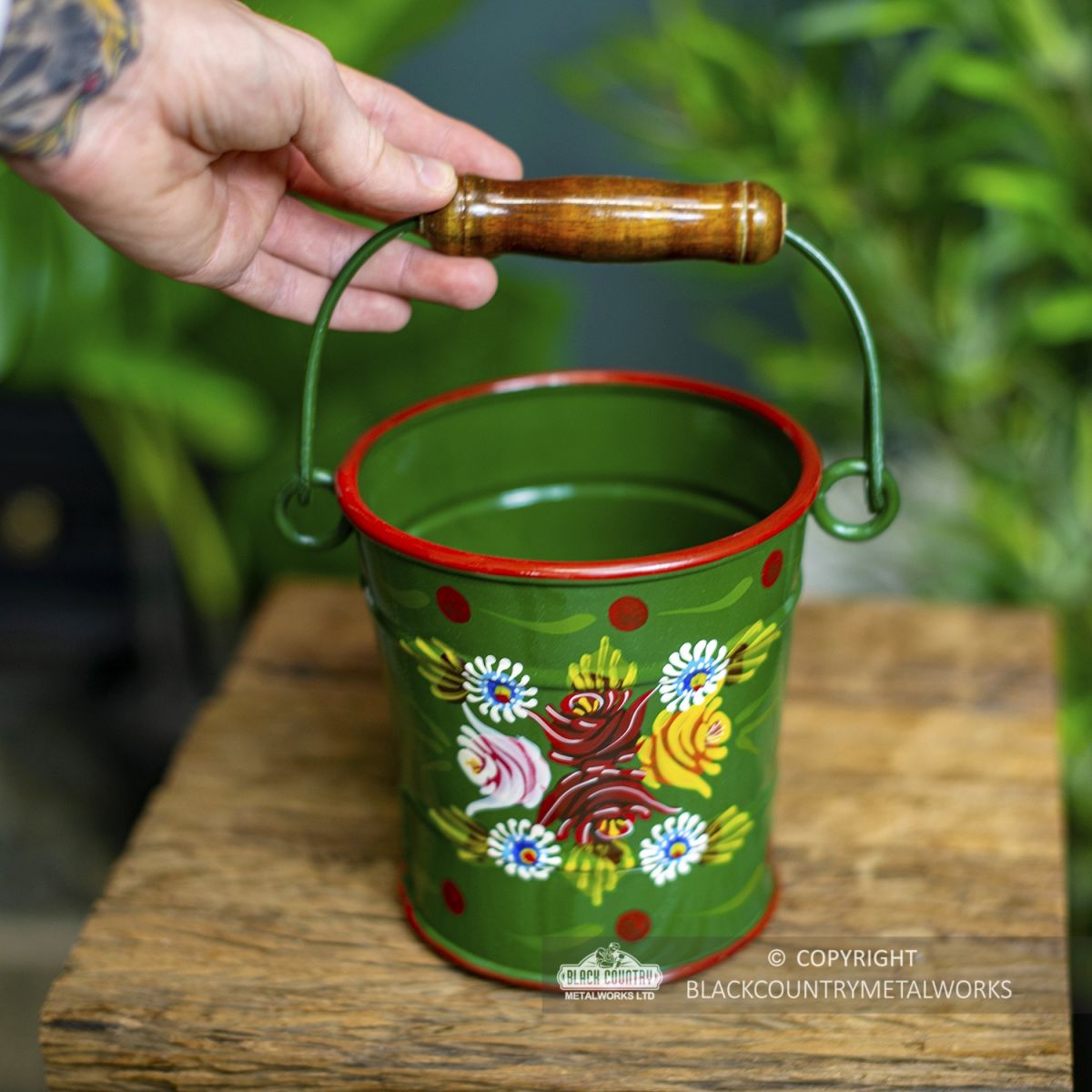 Small Green Narrowboat Hand Painted Bucket to Scale