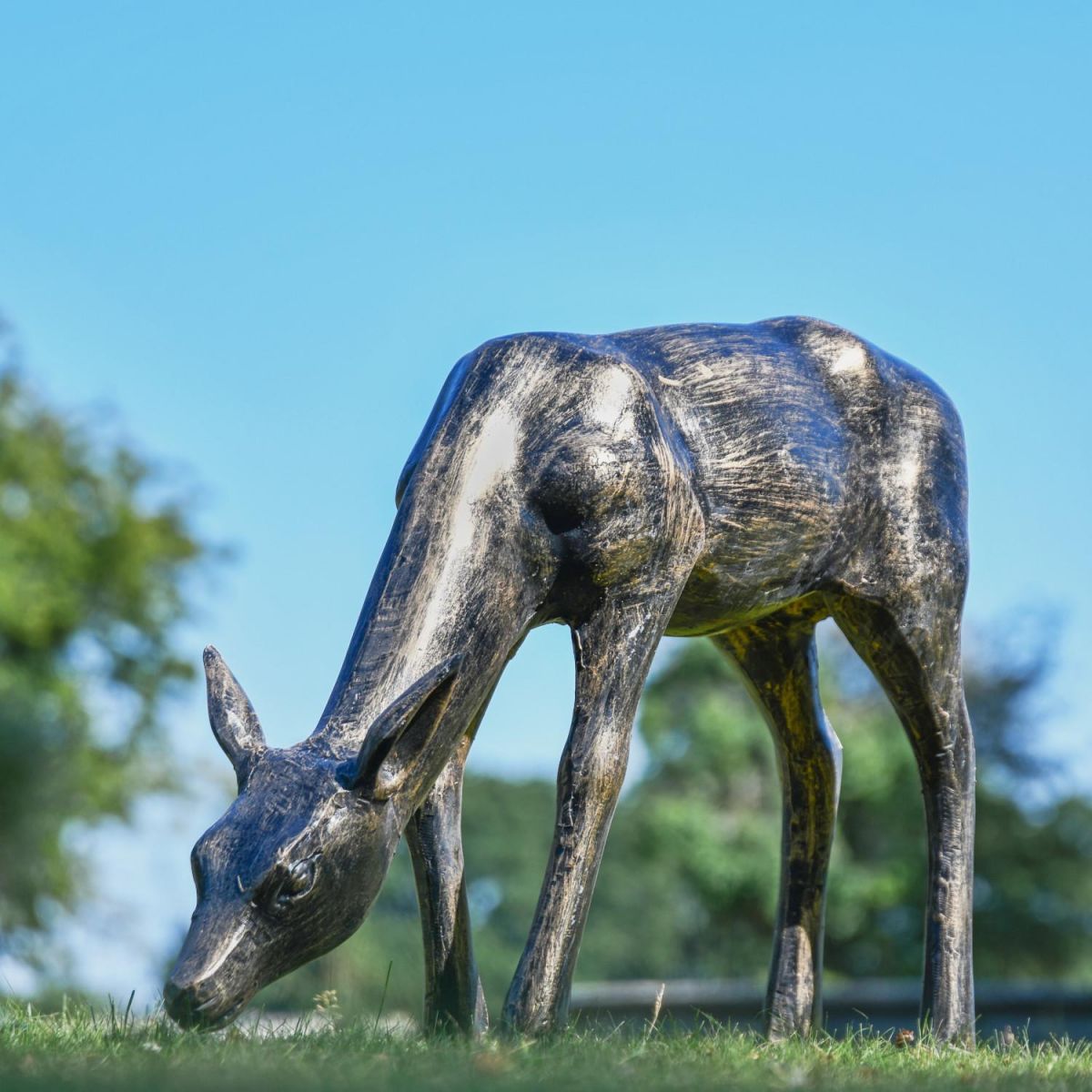 Small Recycled Cast Aluminium Brushed Gold Grazing Doe Sculpture