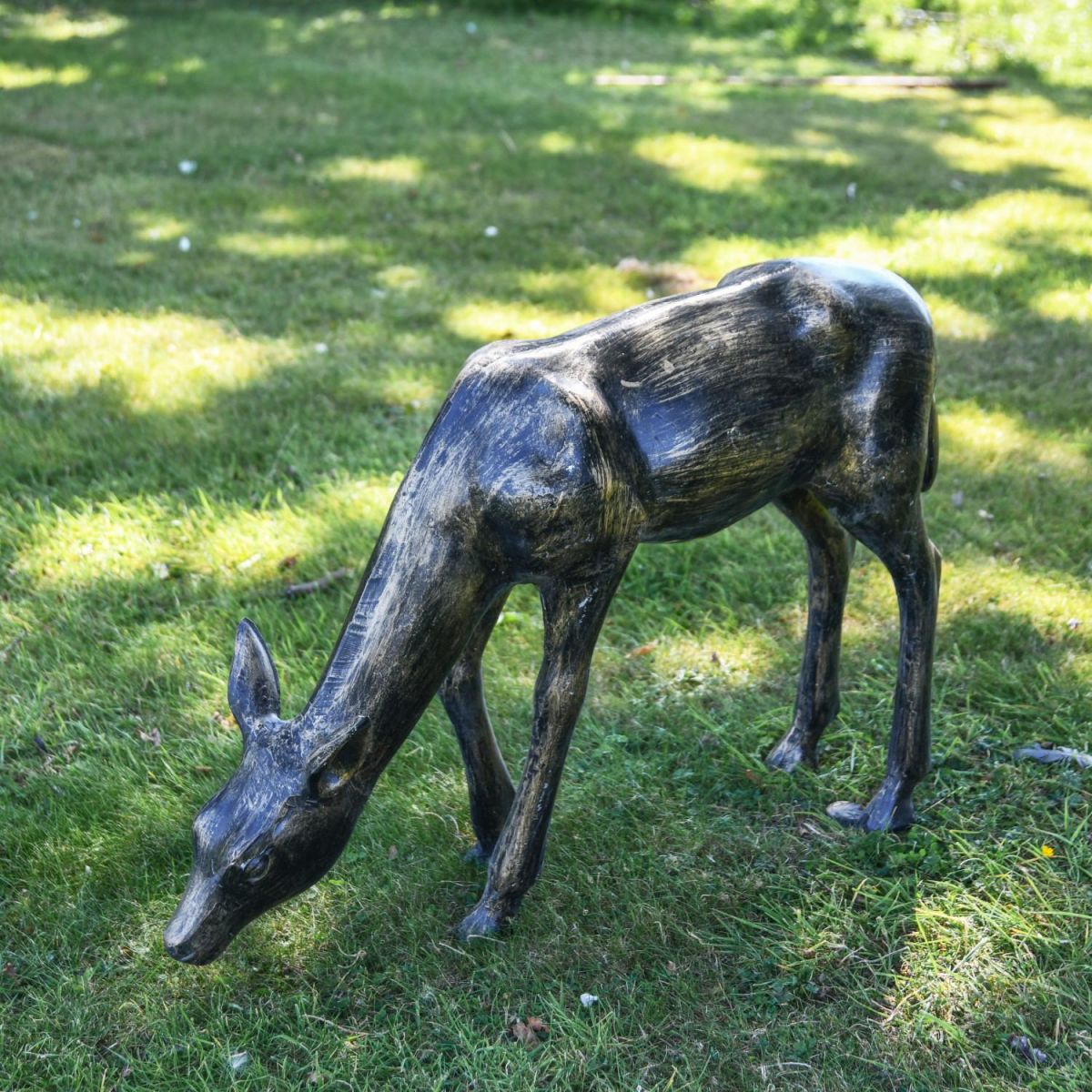 Situ Shot of Small Recycled Cast Aluminium Brushed Gold Grazing Doe Sculpture