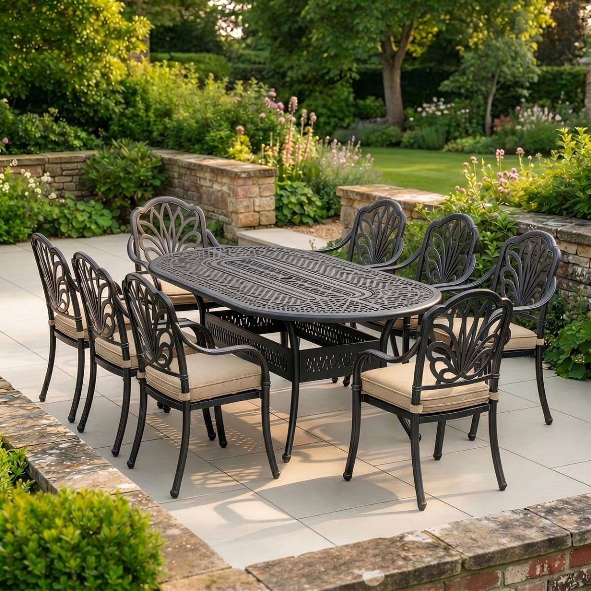 SMALL The "Moreville" 8-Seater Outdoor Dining Set in Situ in the Garden digital illustration